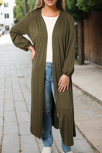 Green V-Neck Maxi Duster Cardigan with Captivating Patterns and Textures