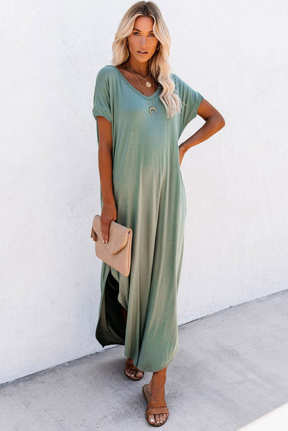 Green V Neck Maxi T-shirt Dress with Hidden Pocket Insets