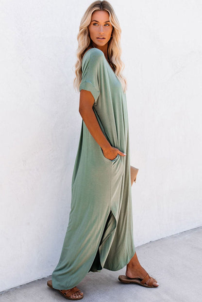 Green V Neck Maxi T-shirt Dress with Hidden Pocket Insets