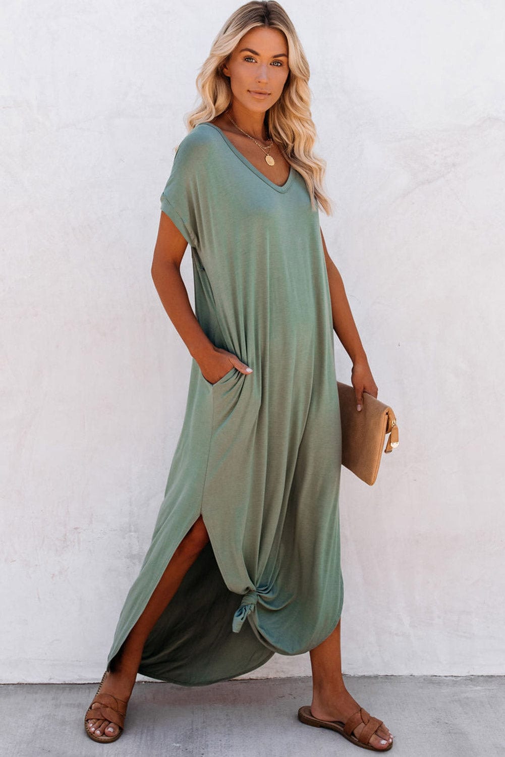 Green V Neck Maxi T-shirt Dress with Hidden Pocket Insets
