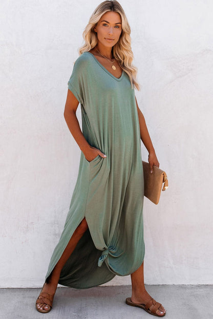 Green V Neck Maxi T-shirt Dress with Hidden Pocket Insets