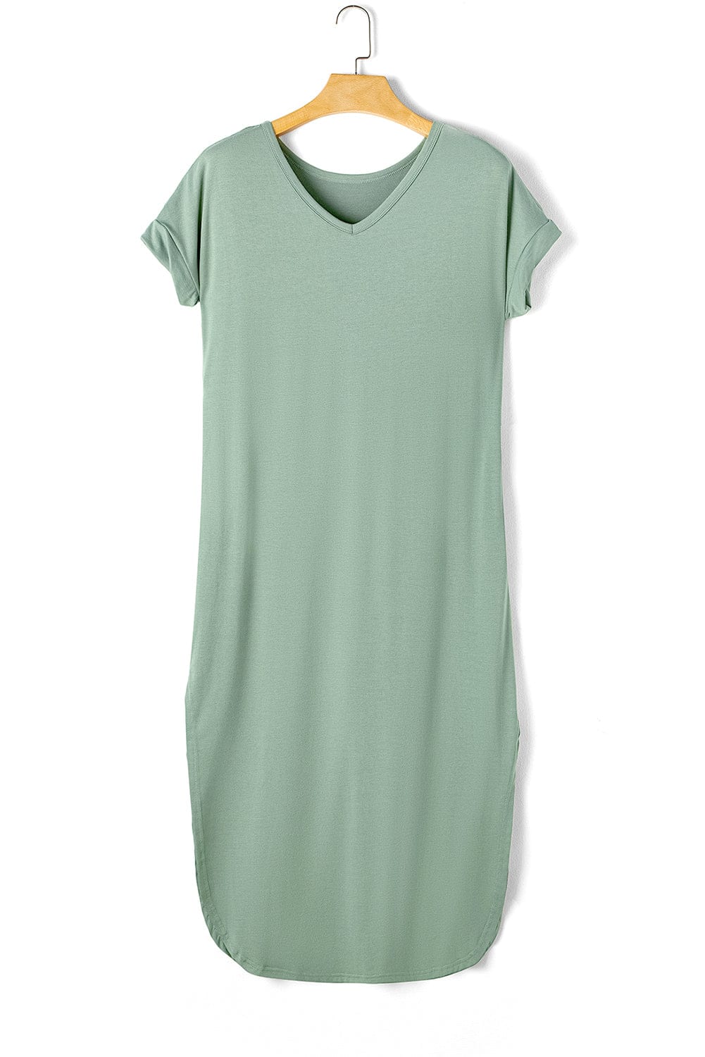 Green V Neck Maxi T-shirt Dress with Hidden Pocket Insets