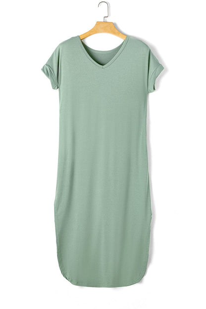 Green V Neck Maxi T-shirt Dress with Hidden Pocket Insets