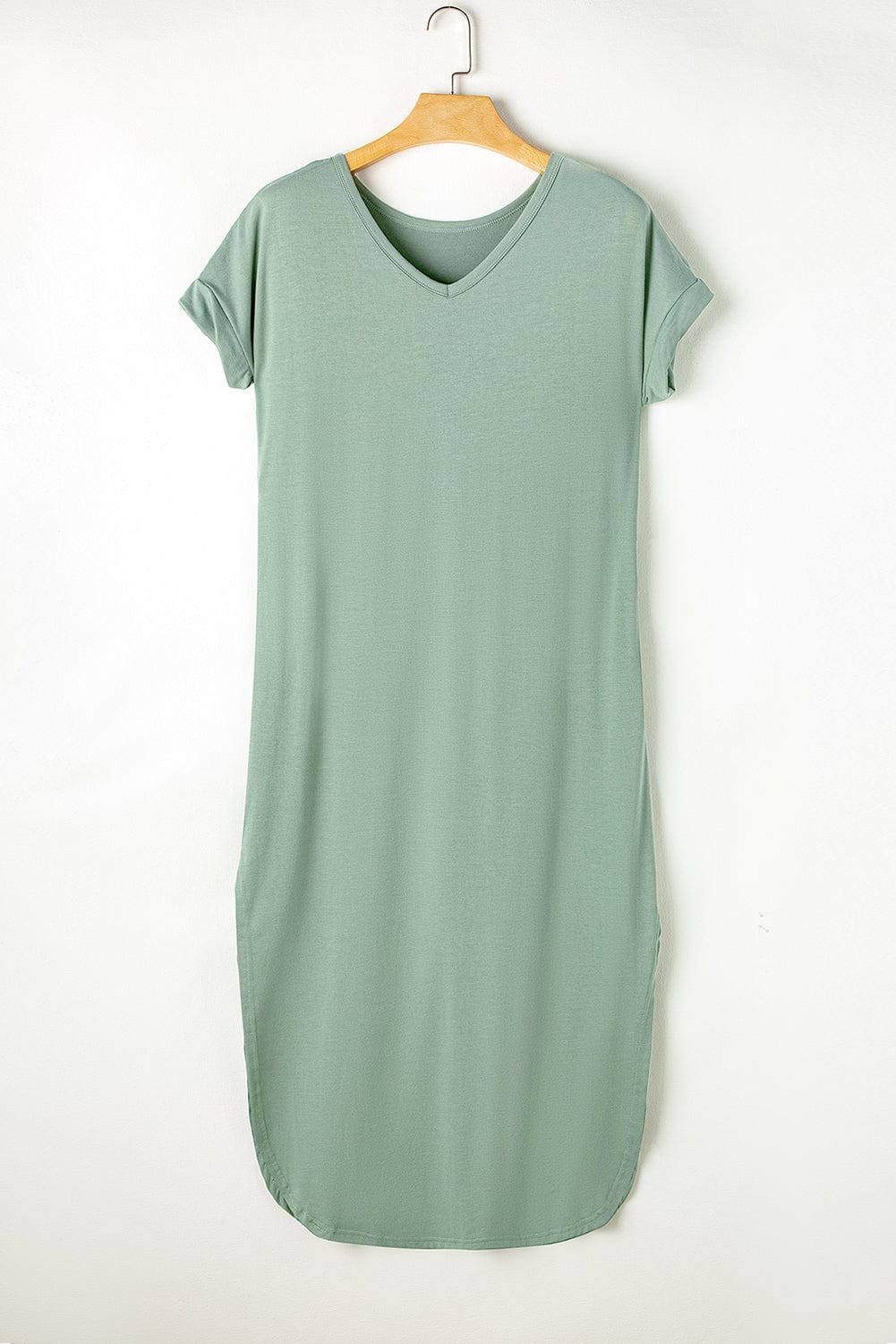 Green V Neck Maxi T-shirt Dress with Hidden Pocket Insets