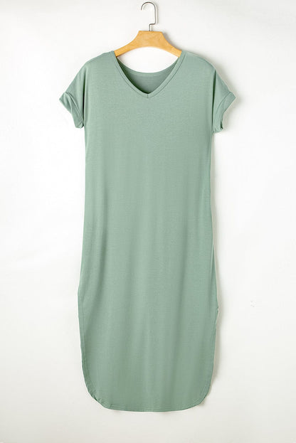 Green V Neck Maxi T-shirt Dress with Hidden Pocket Insets