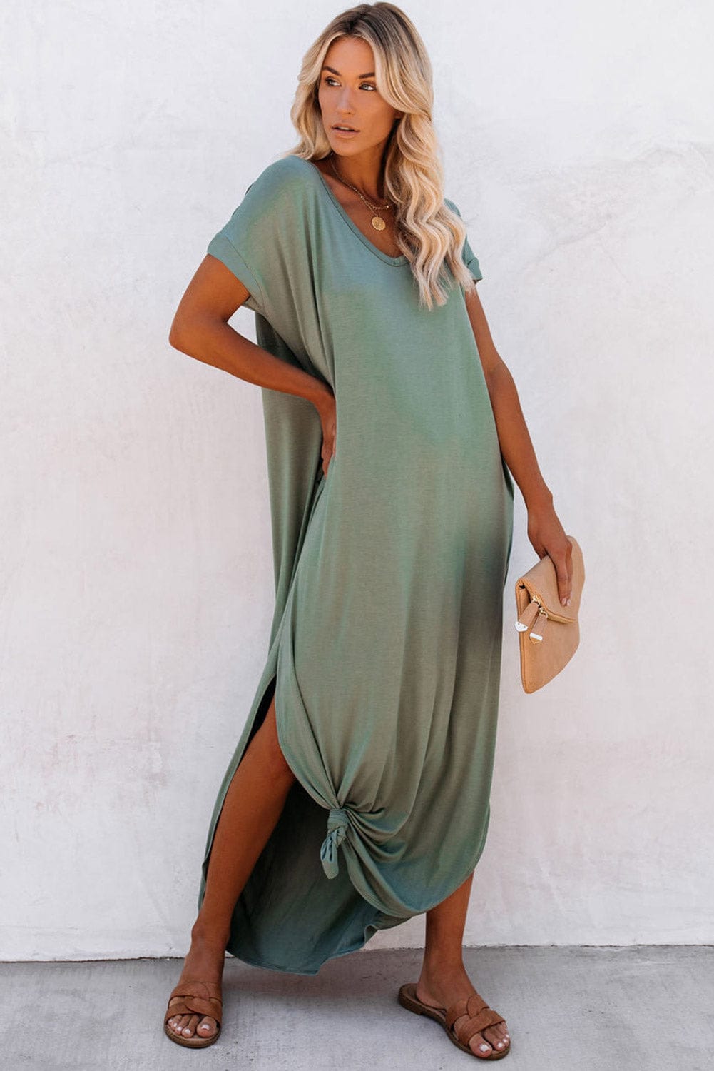 Green V Neck Maxi T-shirt Dress with Hidden Pocket Insets