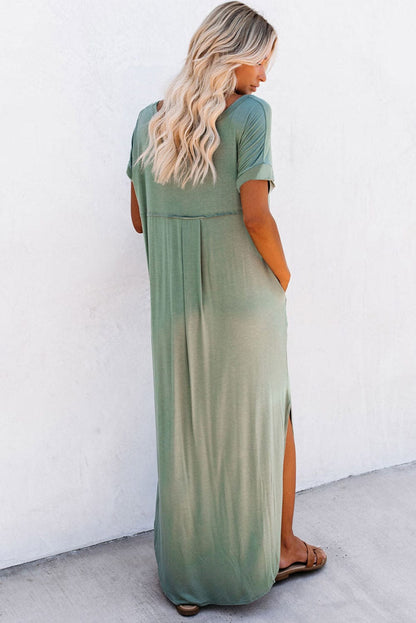 Green V Neck Maxi T-shirt Dress with Hidden Pocket Insets