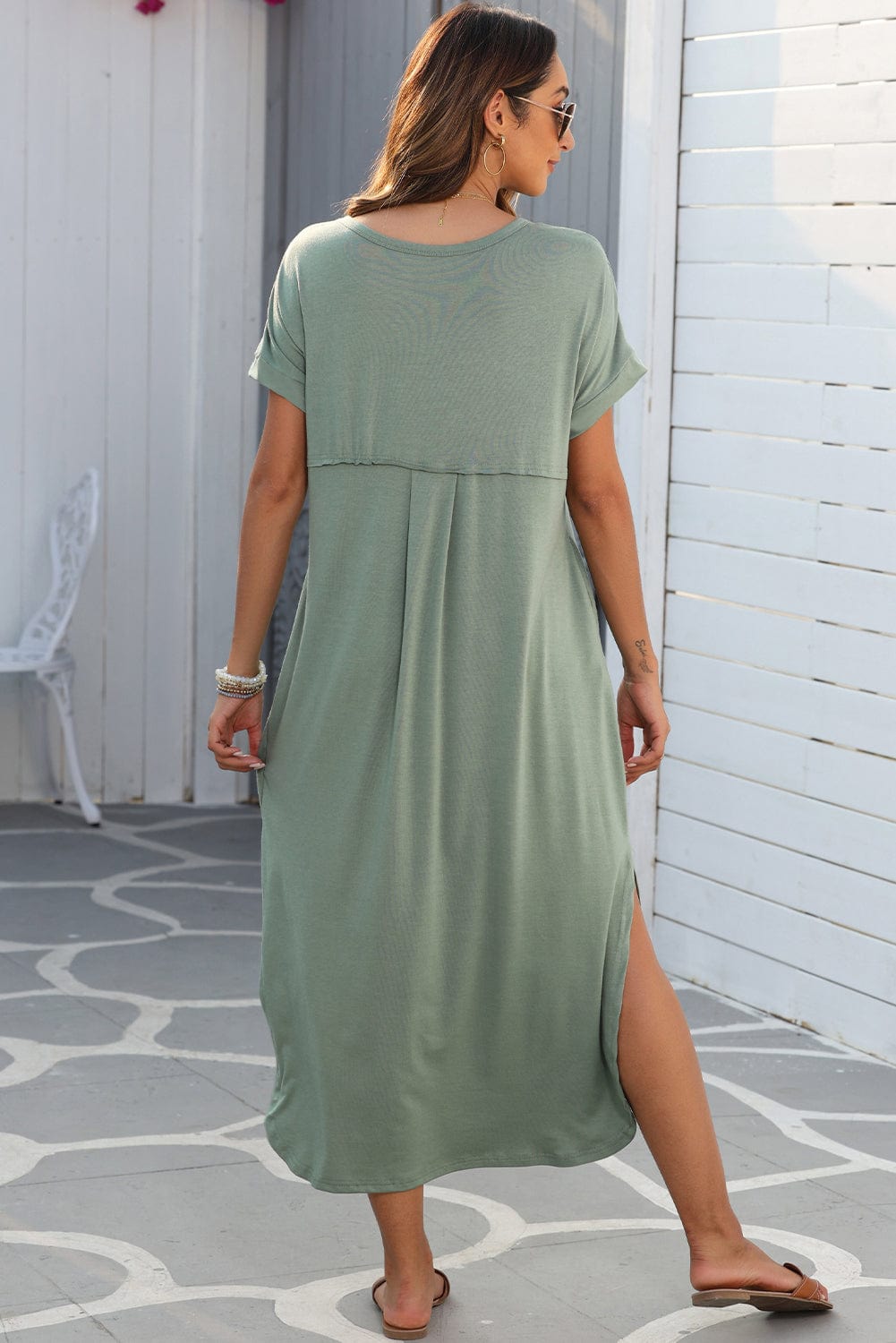 Green V Neck Maxi T-shirt Dress with Hidden Pocket Insets