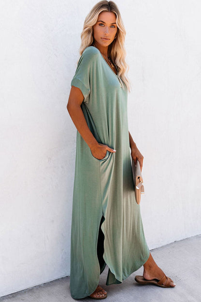 Green V Neck Maxi T-shirt Dress with Hidden Pocket Insets