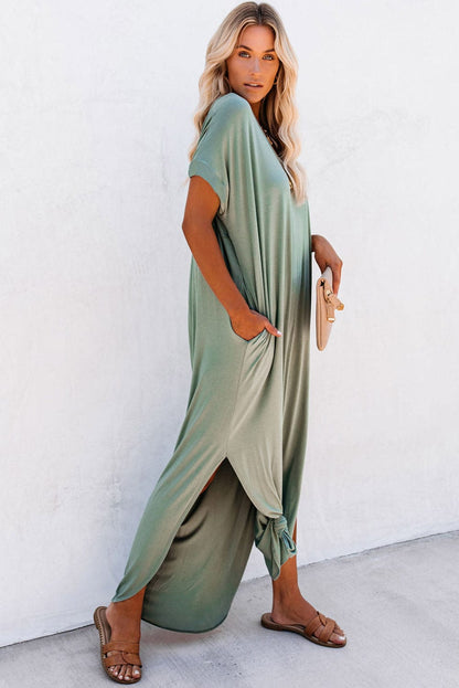 Green V Neck Maxi T-shirt Dress with Hidden Pocket Insets