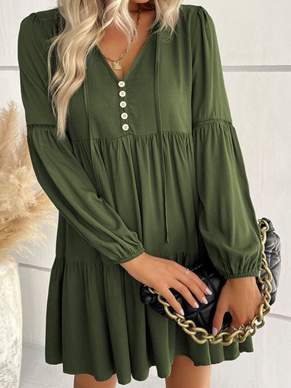 Green V-Neck Puff Sleeve Tiered Ruffled Mini Dress