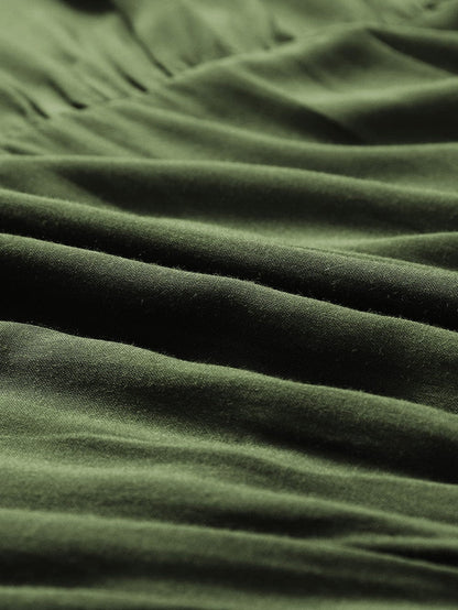 Green V-Neck Puff Sleeve Tiered Ruffled Mini Dress