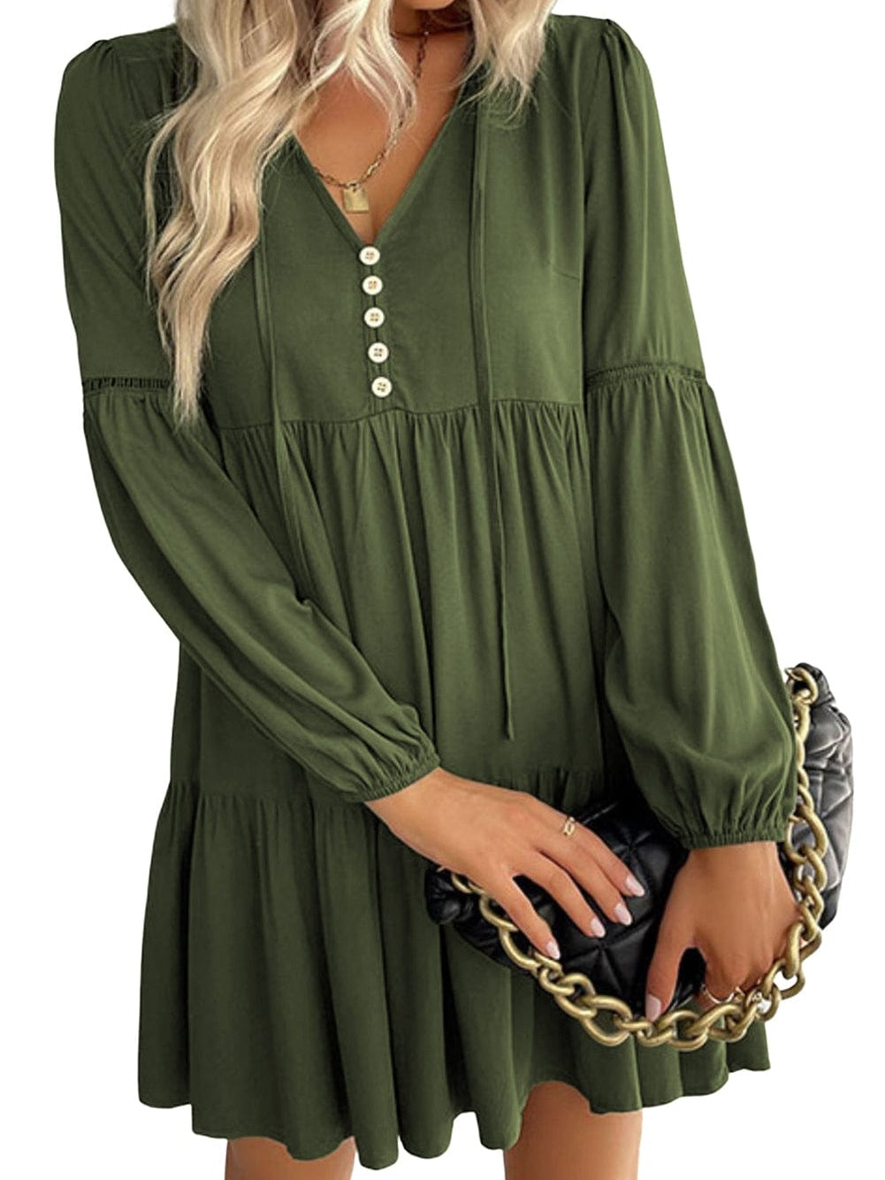 Green V-Neck Puff Sleeve Tiered Ruffled Mini Dress
