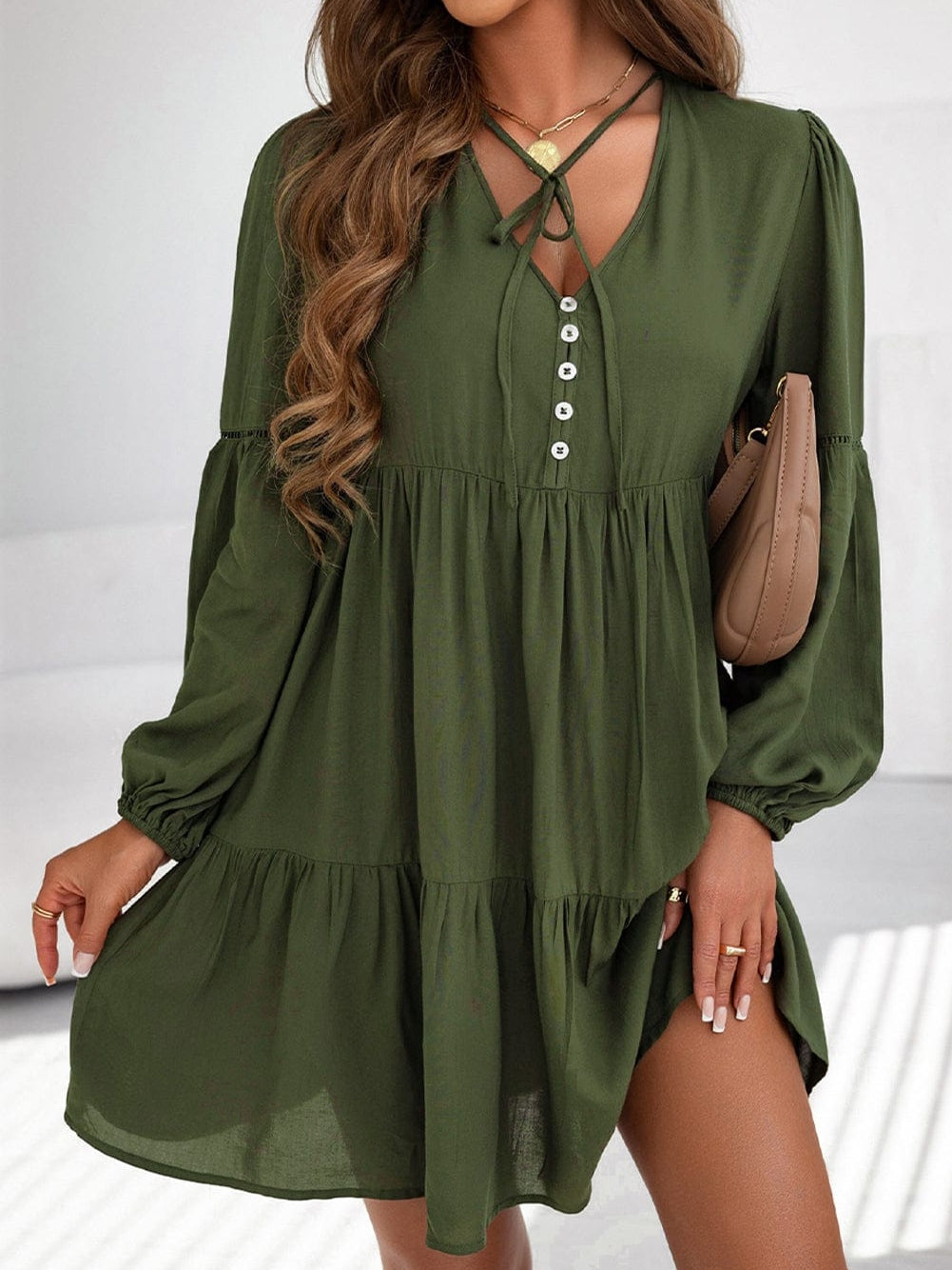 Green V-Neck Puff Sleeve Tiered Ruffled Mini Dress