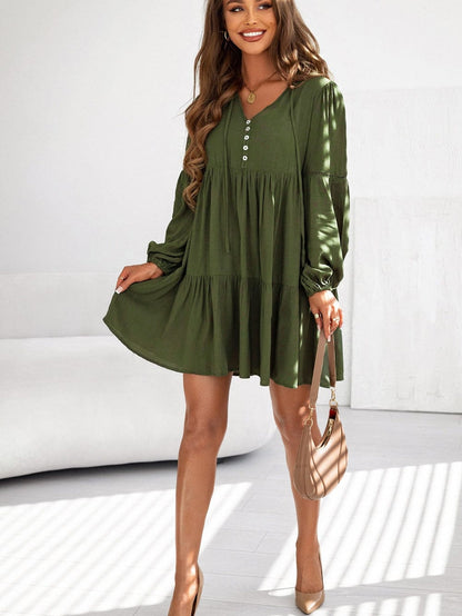Green V-Neck Puff Sleeve Tiered Ruffled Mini Dress