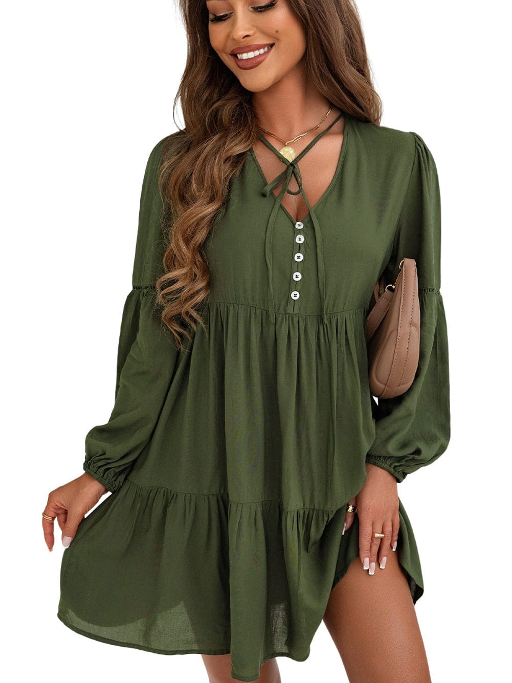 Green V-Neck Puff Sleeve Tiered Ruffled Mini Dress