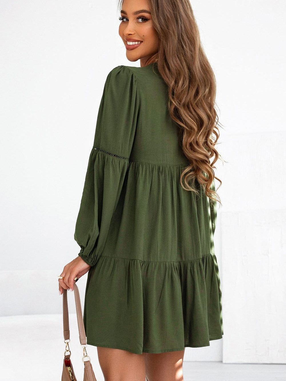 Green V-Neck Puff Sleeve Tiered Ruffled Mini Dress