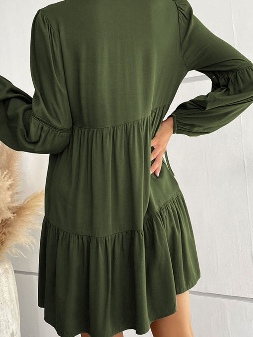Green V-Neck Puff Sleeve Tiered Ruffled Mini Dress