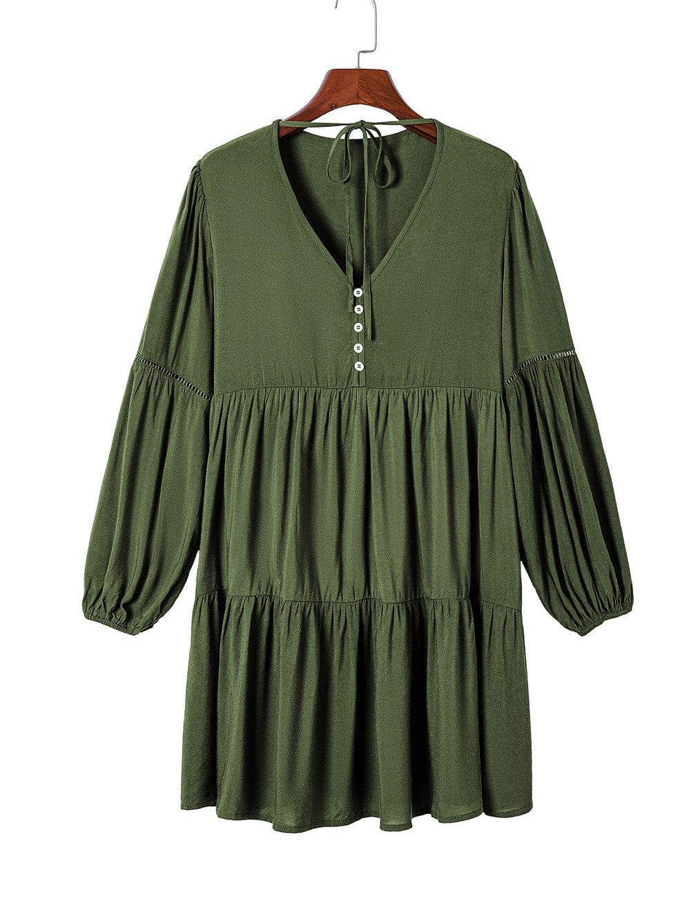 Green V-Neck Puff Sleeve Tiered Ruffled Mini Dress