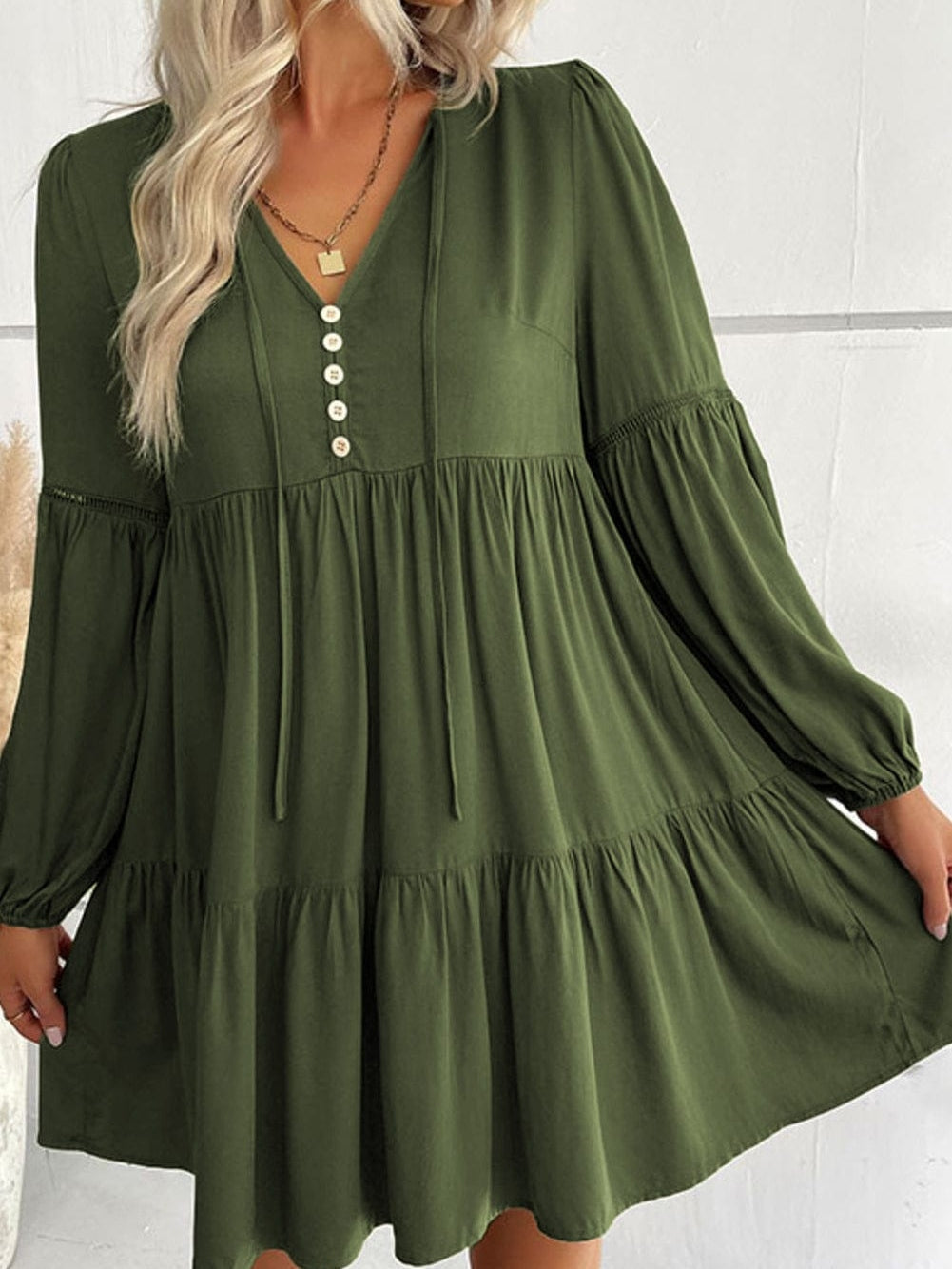 Green V-Neck Puff Sleeve Tiered Ruffled Mini Dress