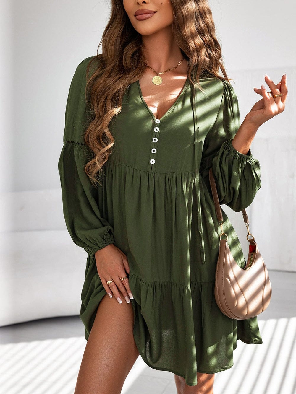 Green V-Neck Puff Sleeve Tiered Ruffled Mini Dress