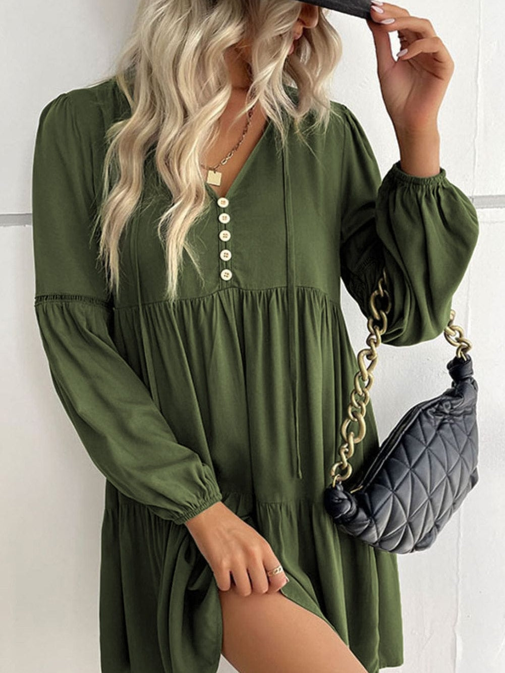 Green V-Neck Puff Sleeve Tiered Ruffled Mini Dress