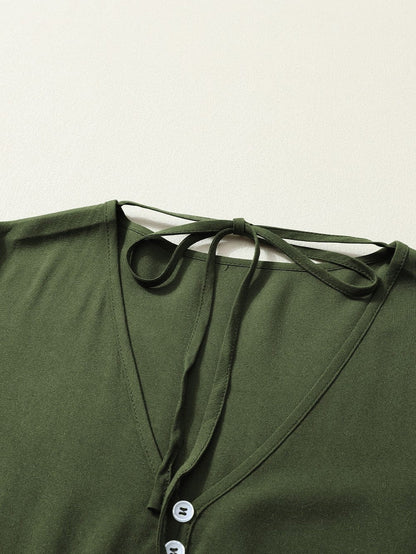 Green V-Neck Puff Sleeve Tiered Ruffled Mini Dress