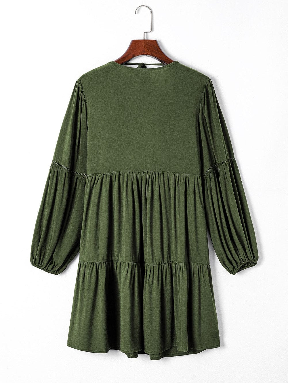Green V-Neck Puff Sleeve Tiered Ruffled Mini Dress