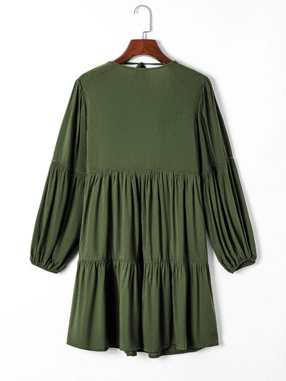 Green V-Neck Puff Sleeve Tiered Ruffled Mini Dress