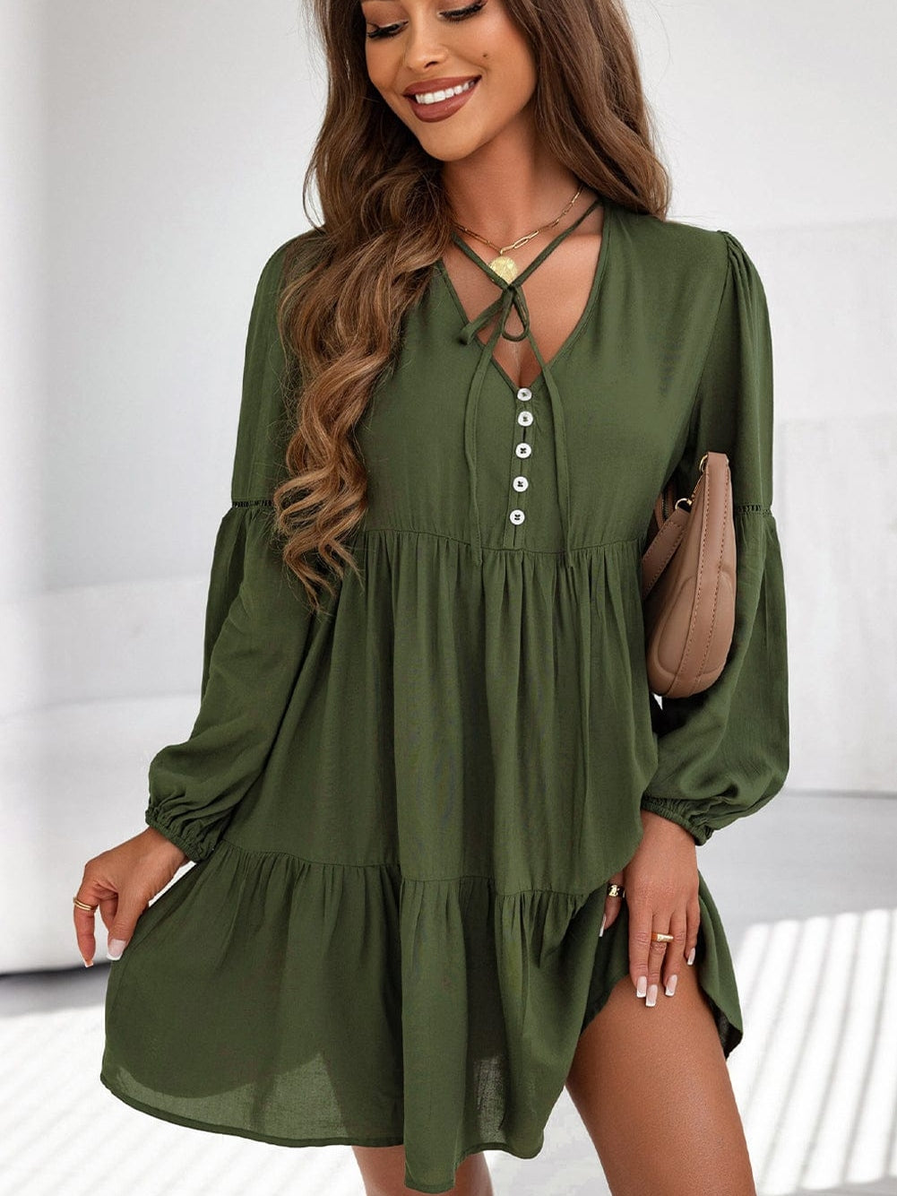 Green V-Neck Puff Sleeve Tiered Ruffled Mini Dress