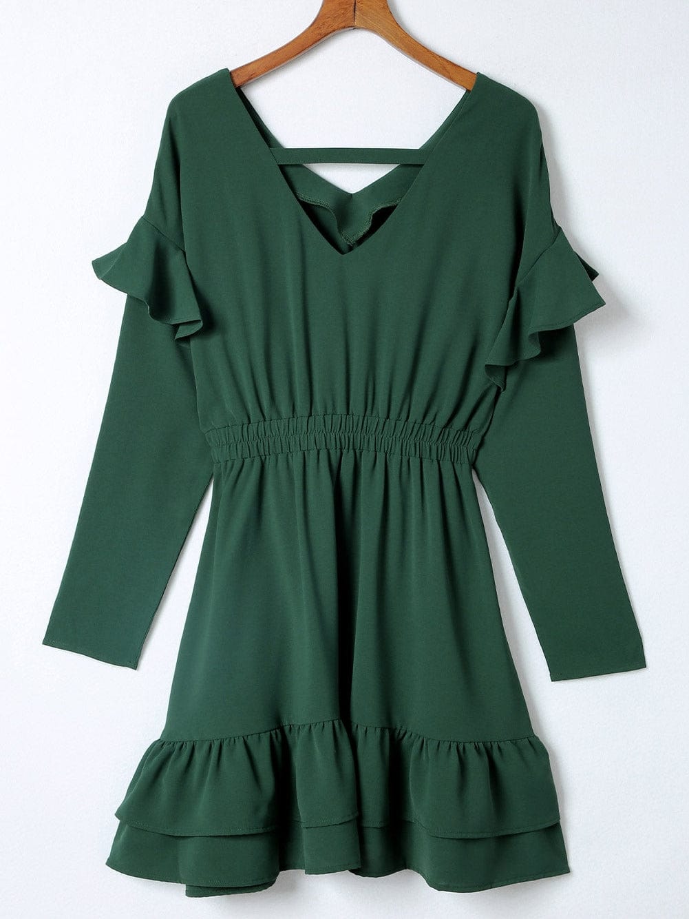 Green V Neck Ruffle Sleeve Mini Dress with High Waist