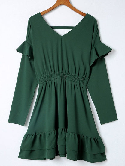 Green V Neck Ruffle Sleeve Mini Dress with High Waist