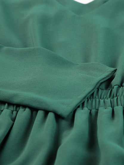 Green V Neck Ruffle Sleeve Mini Dress with High Waist