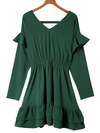 Green V Neck Ruffle Sleeve Mini Dress with High Waist