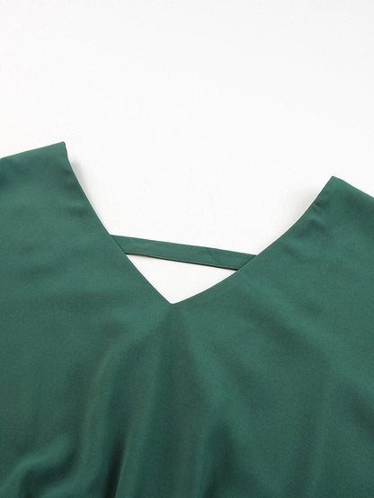 Green V Neck Ruffle Sleeve Mini Dress with High Waist