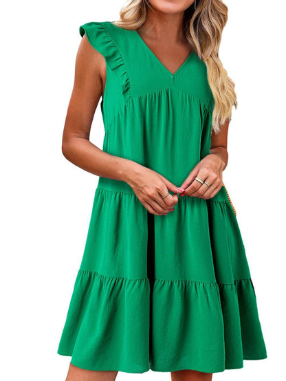 Green V Neck Ruffle Tiered Mini Dress - Stylish Choice for a Chic Ensemble