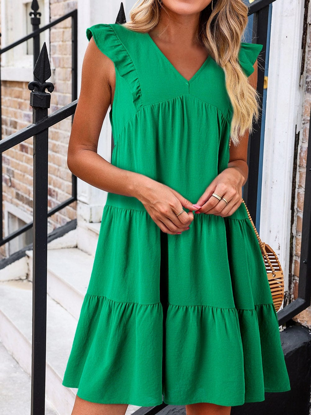 Green V Neck Ruffle Tiered Mini Dress - Stylish Choice for a Chic Ensemble