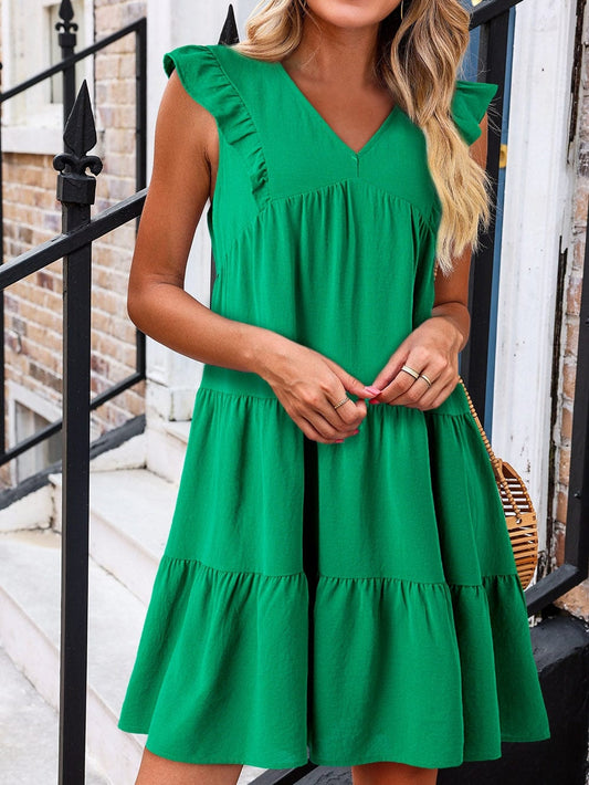 Green V Neck Ruffle Tiered Mini Dress - Stylish Choice for a Chic Ensemble