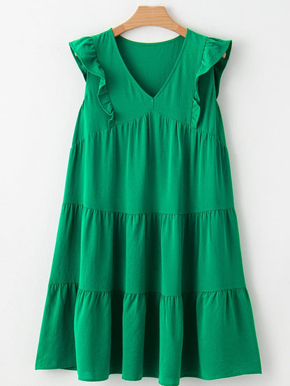 Green V Neck Ruffle Tiered Mini Dress - Stylish Choice for a Chic Ensemble