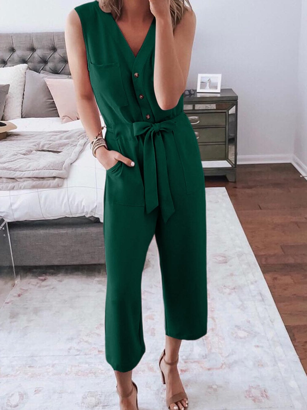 Green V-Neck Sleeveless Jumpsuit with Button-Up Front and Sash-Tie