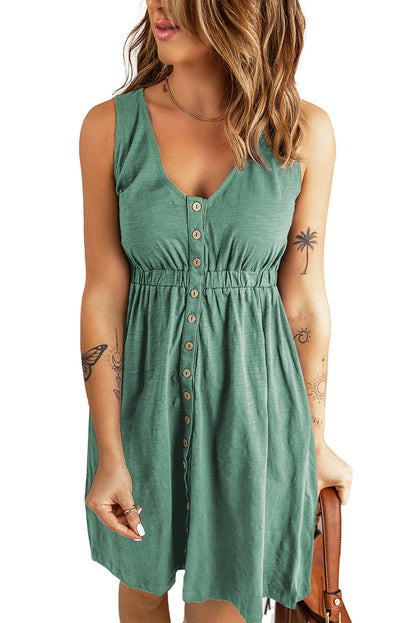 Green V-Neck Sleeveless Mini Dress with Button Details