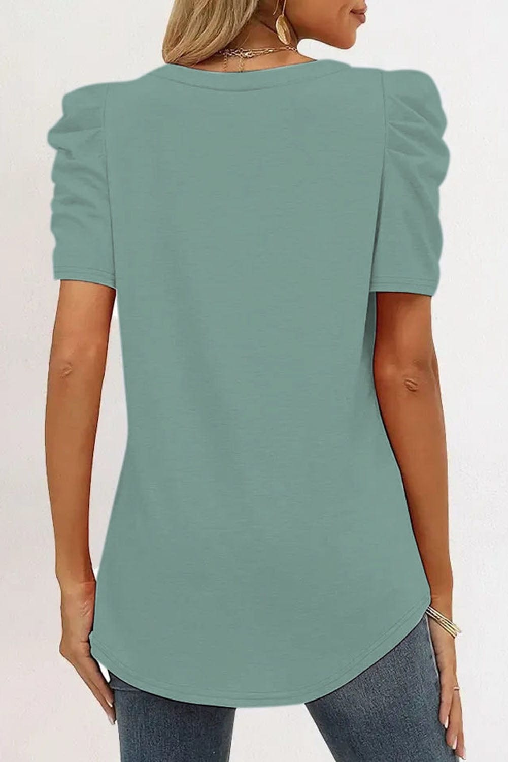 Green V-Neck T-Shirt with Puff Sleeves