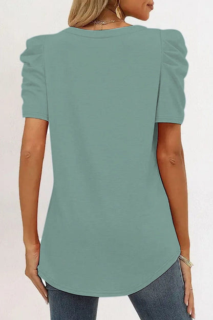Green V-Neck T-Shirt with Puff Sleeves