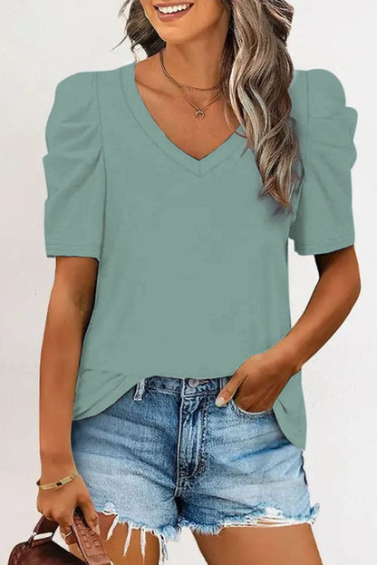 Green V-Neck T-Shirt with Puff Sleeves