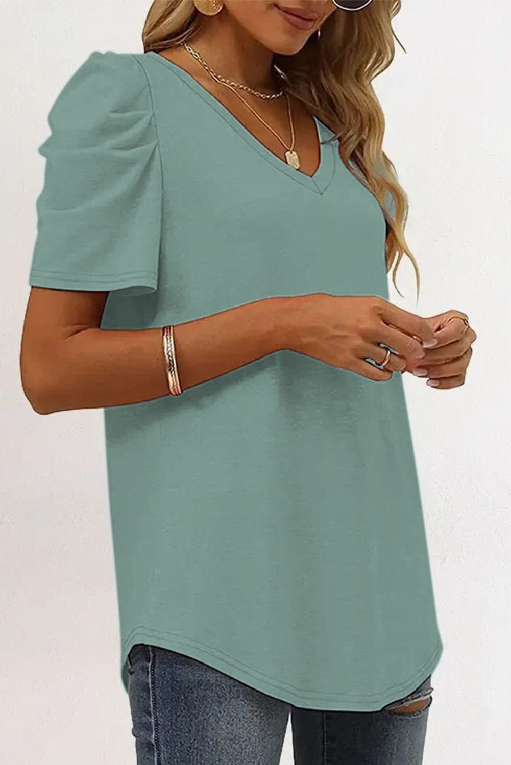 Green V-Neck T-Shirt with Puff Sleeves