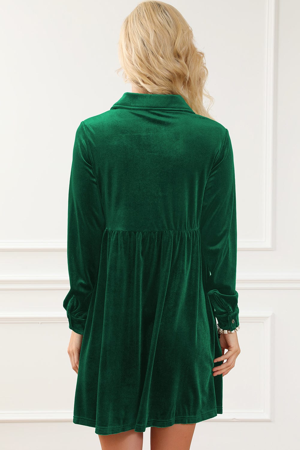 Green Velvet Ruffle Sleeve Button Up Mini Dress