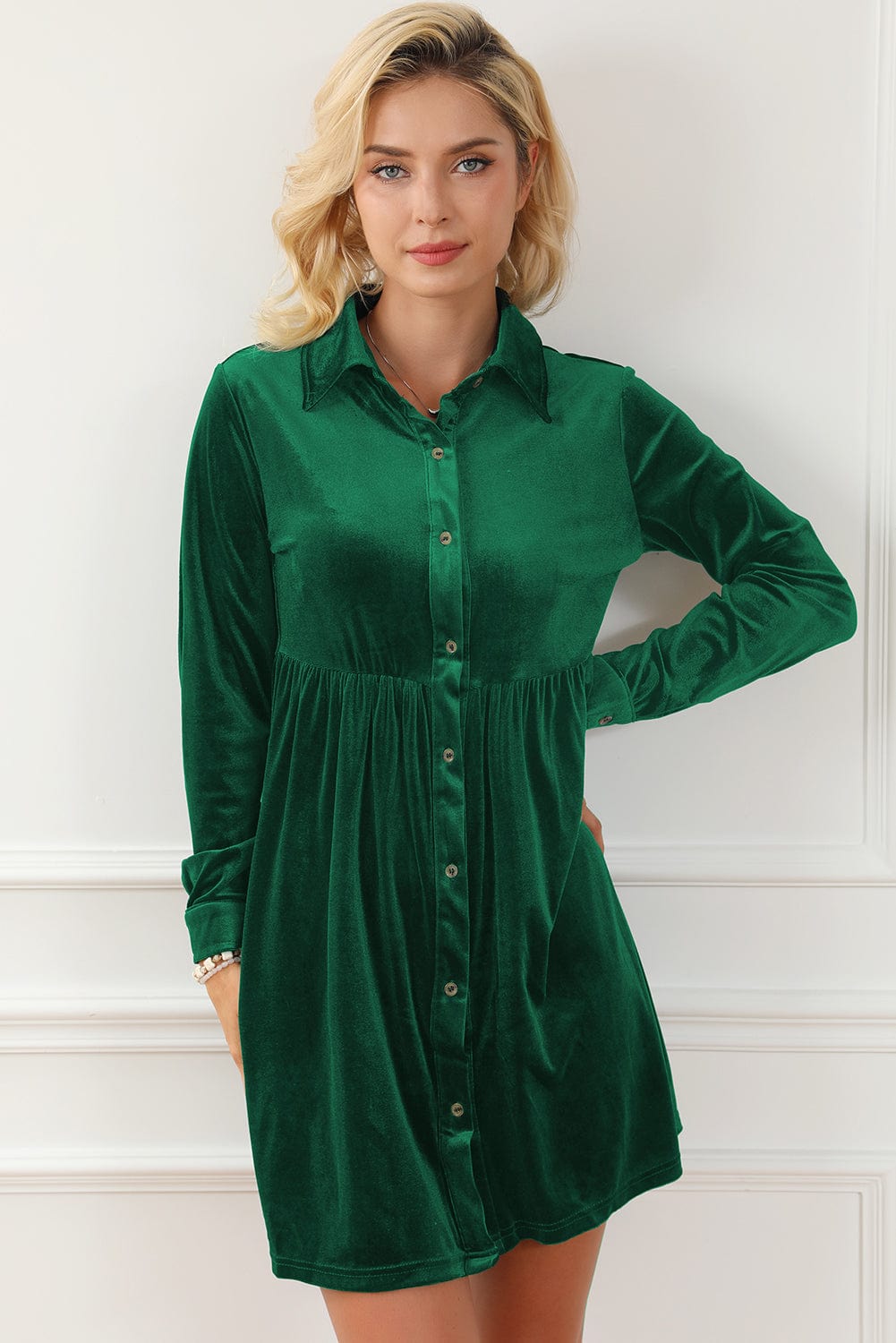 Green Velvet Ruffle Sleeve Button Up Mini Dress