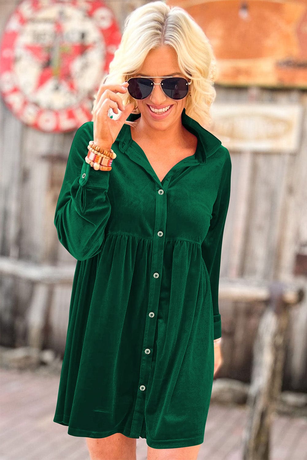 Green Velvet Ruffle Sleeve Button Up Mini Dress