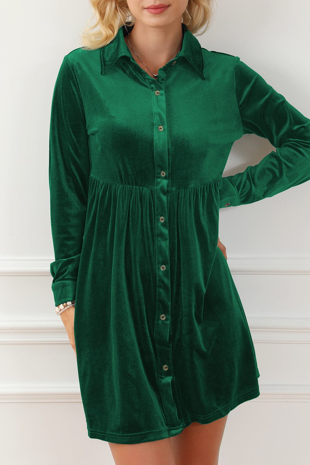Green Velvet Ruffle Sleeve Button Up Mini Dress