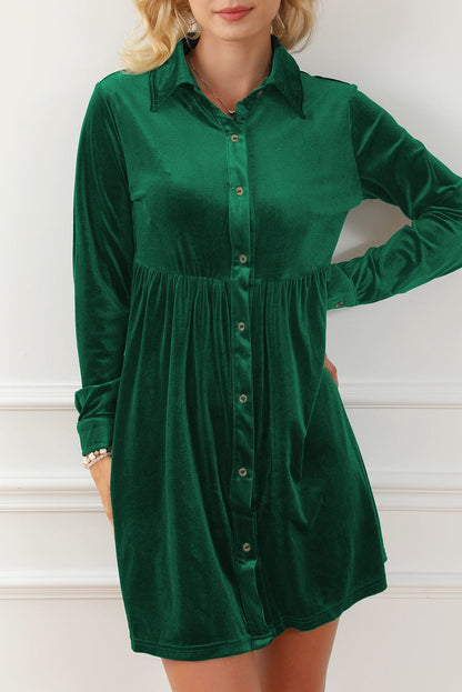 Green Velvet Ruffle Sleeve Button Up Mini Dress